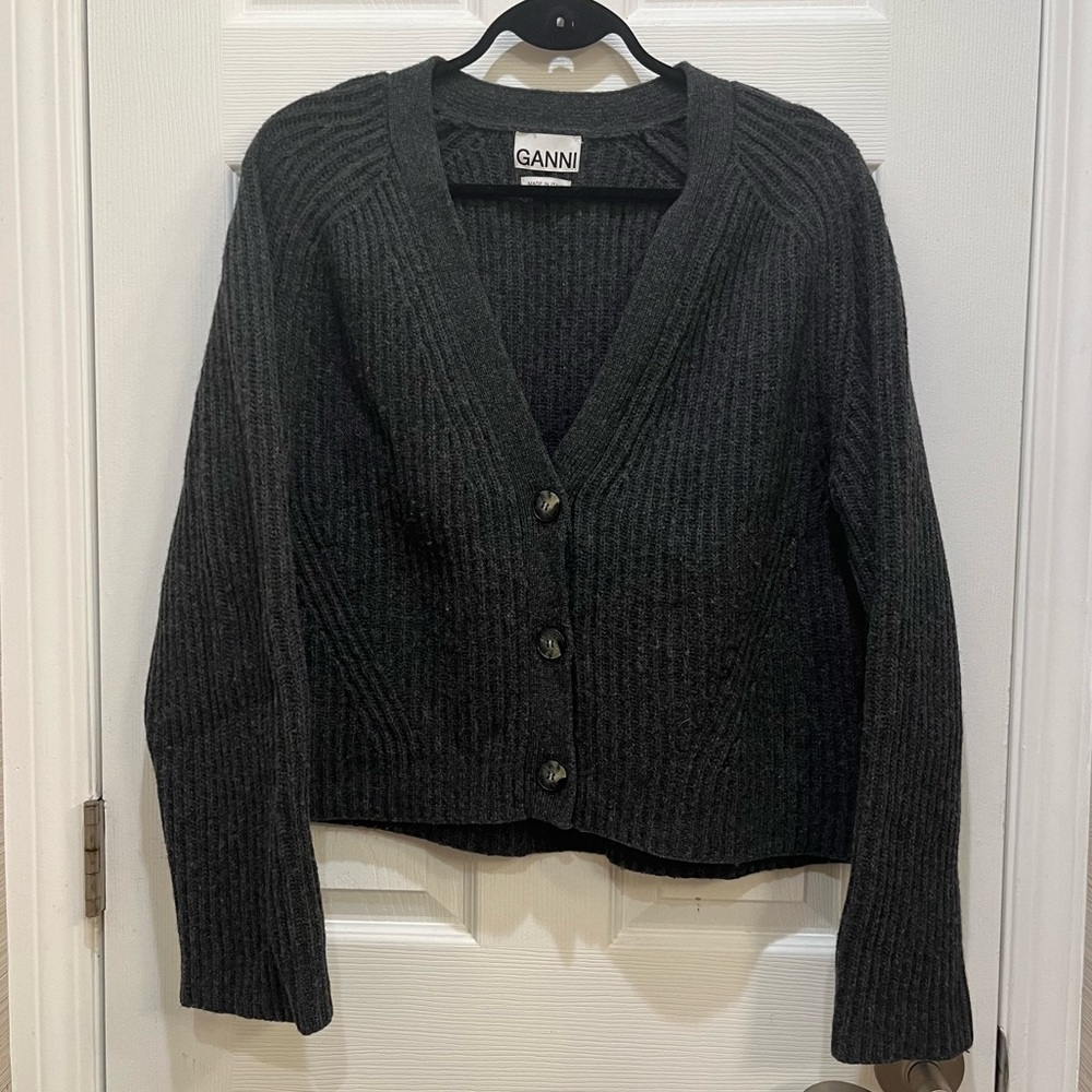 GANNI Grey Rib Knit Cardigan XL